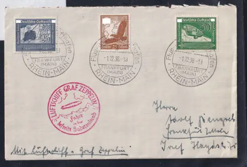 Deutsches Reich 533, 669, 670 auf Brief Zeppelin Sudetenlandfahrt #OU890