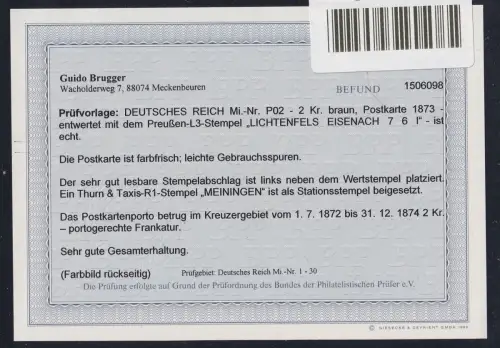 Deutsches Reich P 2 als Ganzsache Befund Brugger BPP, Preußen Stempel #OU753