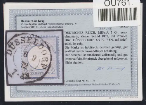 Deutsches Reich 5 gestempelt Befund Krug BPP, Preußen DKr. Düsseldorf #OU761