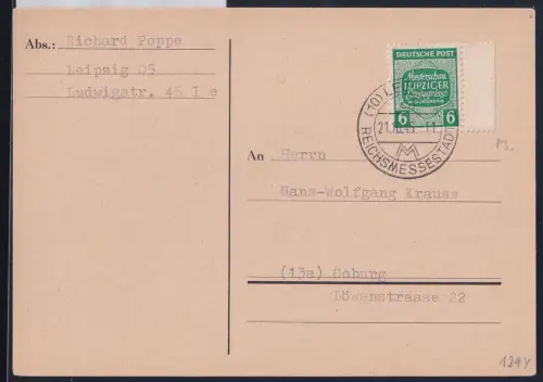 SBZ 124 y auf Postkarte Einzelfrankatur #DAF55