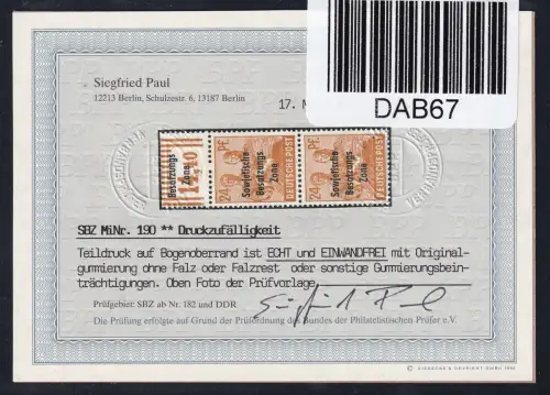 SBZ 190 postfrisch Befund Paul Druckzufälligkeit #DAB67