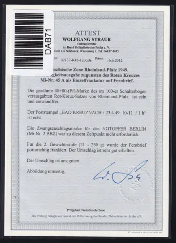 Französische Zone Rheinland Pfalz 45 A auf Brief Attest Straub BPP #DAB71