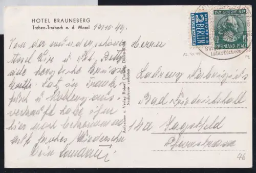 Französische Zone Rheinland Pfalz 46 auf Postkarte portogerecht #DAB73