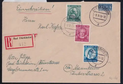 Französische Zone Rheinland Pfalz 46-48 auf Brief portogerecht #DAB83