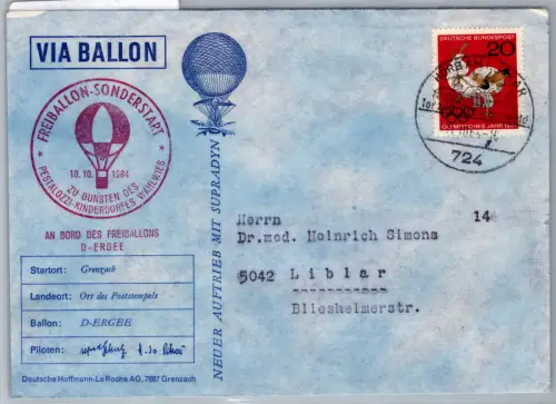 BRD Bund Freiballon Fahrt 1964 auf Brief Kinderdorf Wahlwies #ON837