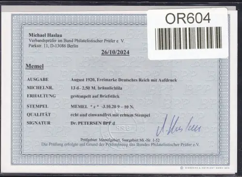 Memel 13 d gestempelt Befund Haslau BPP #OR604