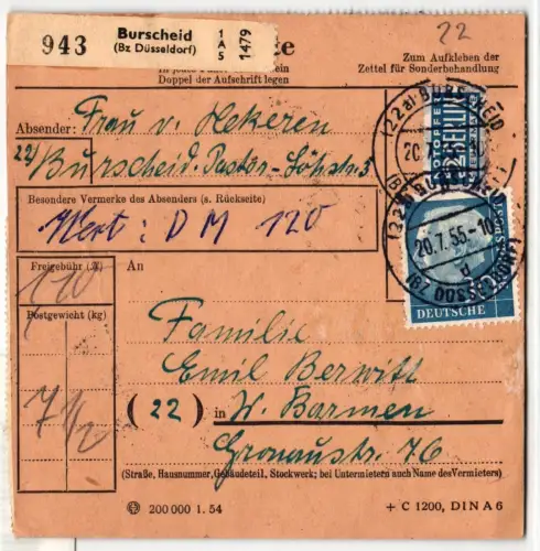 BRD 187 auf Paketkarte in Mischfrankatur mit 8 waagerechten Paaren #IK100