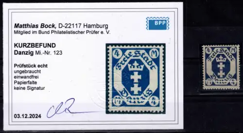 Danzig 123 mit Falz Kurzbefund Bock BPP, mit Papierfalte #OF963