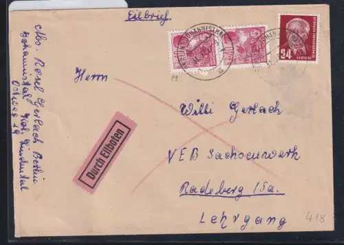 DDR 418 auf Brief als Mischfrankatur durch Eilboten #DAX76