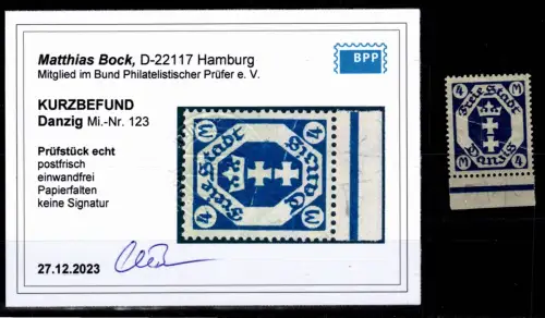 Danzig 123 Unterrand postfrisch Kurzbefund Bock BPP, mit Papierfalten #DBR64
