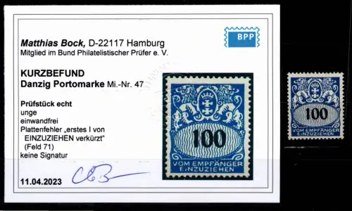 Danzig Porto 47 Plf. mit Falz Kurzbefund Bock BPP #DBR67