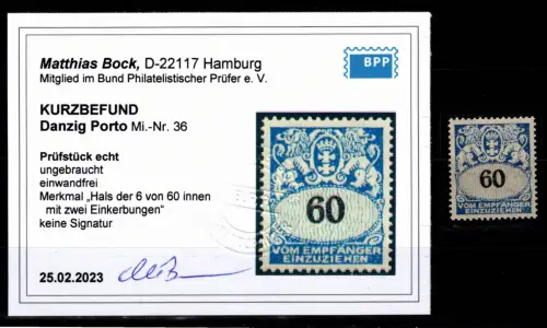 Danzig Porto 36 Plf. mit Falz Kurzbefund Bock BPP #DBR66