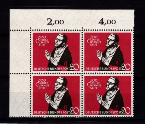 BRD Bund 301 Ecke 1 postfrisch im Eckrandviererblock #DBS15