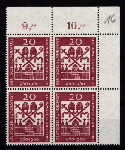 BRD Bund 336 Ecke 2 postfrisch im Eckrandviererblock #DBS18