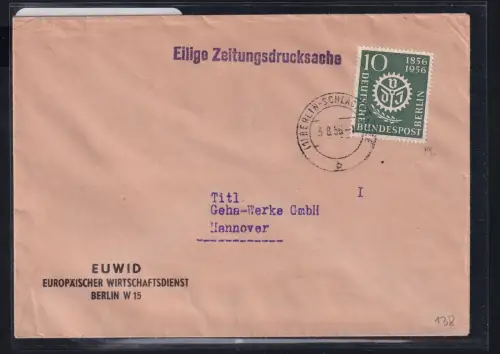 Berlin 138 auf Brief als Einzelfrankatur Eilige Zeitungsdrucksache #DCG33