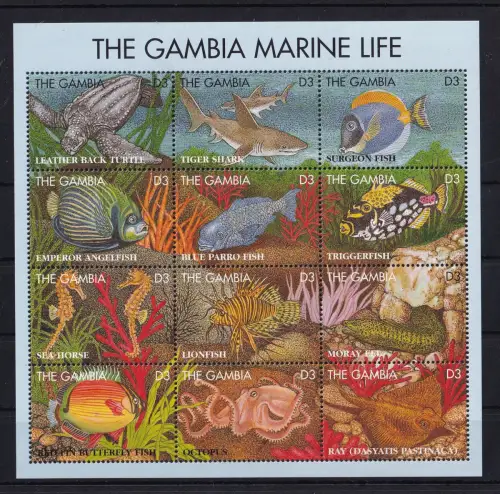 Gambia 2066-2077 postfrisch ZD-Bogen, Meerestiere #OM968