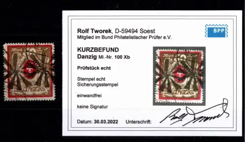 Danzig 100 Xb gestempelt Kurzbefund Tworek BPP, einwandfrei #DCB98
