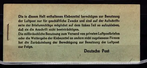 Bi-Zpne Flugpost-Zulassungsmarke FZ 1 postfrisch Markenheft #DBV33