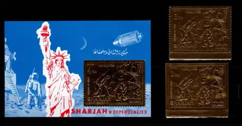 Sharjah 706 A/B + Block 70 B postfrisch Raumfahrt, Goldmarke #OS127