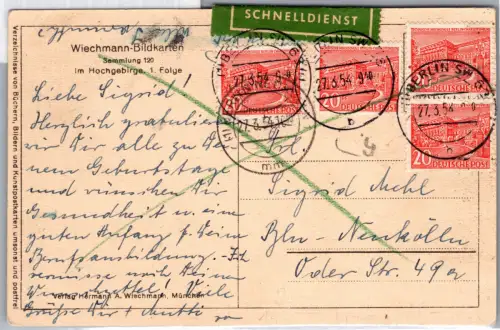 Berlin 49 (4x) auf Postkarte als Mehrfachfrankatur Rohrpost #DDJ65