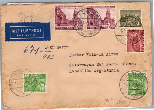 Berlin 58 u.a. auf Brief als Mischfrankatur nach Argentinien gelaufen #DDJ66