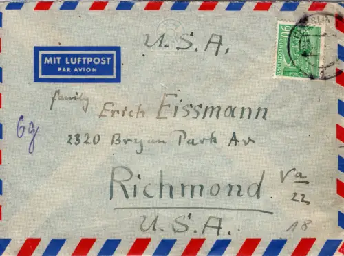 Berlin 56 auf Brief als Einzelfrankatur Luftpost USA #DDU39