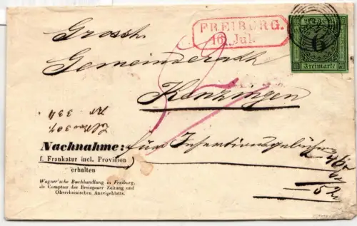 Baden 3 b auf Brief N 5 43 "Freiburg", Eisenbahn "Curs"-Stempel IV #JS809