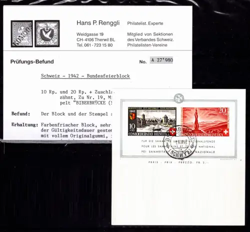 Schweiz Block 7 gestempelt mit Fotobefund Renggli #OV274