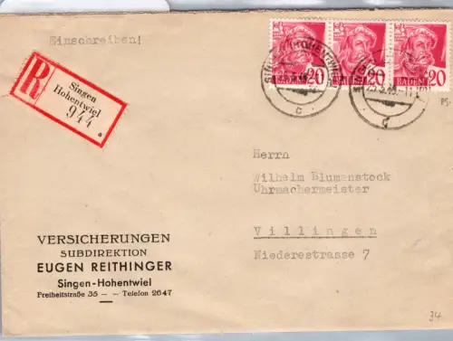 Französische Zone Baden 34 im 3er Streifen auf Brief Einschreiben #DBO82