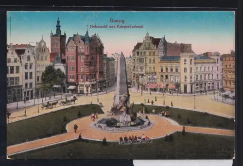Ak Danzig Holzmarkt u. Kriegerdenkmal gelaufen 20.3.1918 #DBQ16
