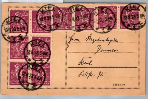 Deutsches Reich 241 auf Postkarte als Mehrfachfrankatur in Kiel gelaufen #DCH07