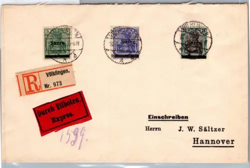 Saargebiet 4, 8, 15 auf Brief als Mischfrankatur Einschreiben Eilbote #DCI98