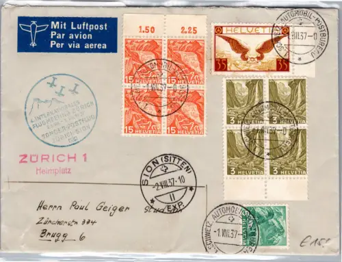 Schweiz 233, 297, 300 auf Brief Sonder-Postflug Zürich Sion #DET34