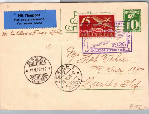 Schweiz 179 als Ganzsache Flugpost Zürich Basel #DET37