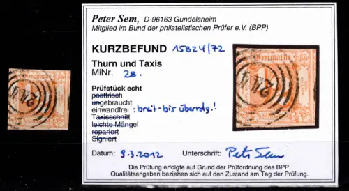 Thurn & Taxis 28 gestempelt Kurzbefund Sem BPP #DEN28