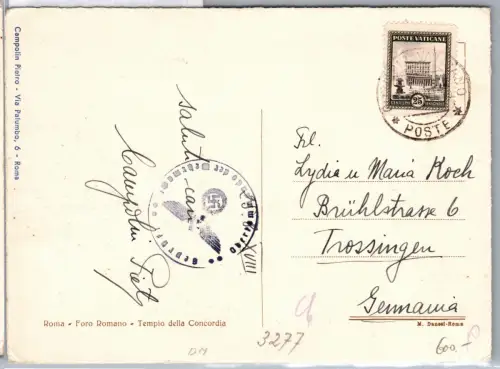 Vatikanstadt 10 auf Postkarte 1933 mit deutscher Zensur #DFU21