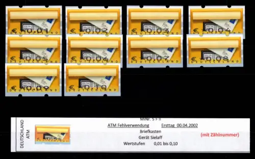 BRD Bund Automatenmarken 5 F II postfrisch 0,01-0,10 €, ATM Fehlverwend. #DGH08