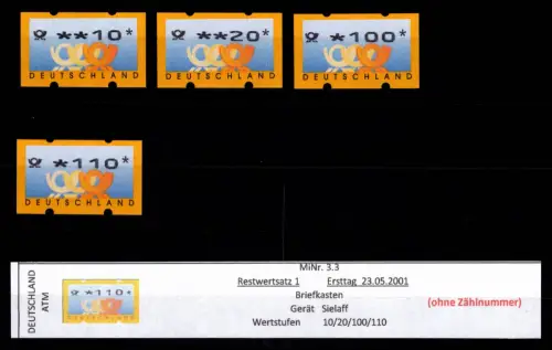 BRD Bund Automatenmarken 3.3 RS 1 postfrisch ohne Nummer #DGG59