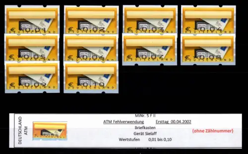 BRD Bund Automatenmarken 5 F II postfrisch 0,01-0,10 €, ATM Fehlverwend. #DGH09
