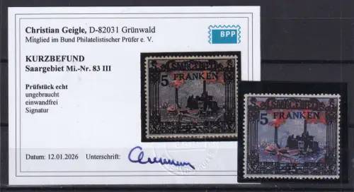 Saargebiet 83 III mit Falz Kurzbefund Geigele BPP #DGV74