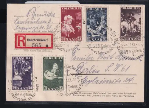 Saarland 309-313 auf Postkarte Satzpostkarte mit Ankunftsstempel #DGV72