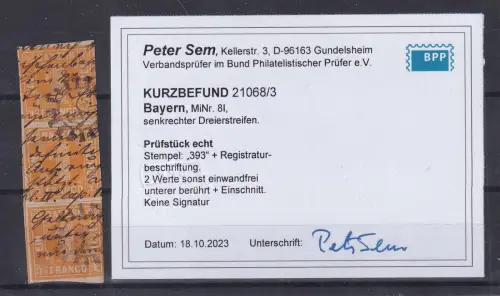 Bayern 8 I gestempelt senkrechter 3er Streifen, Kurzbefund Sem BPP #DGW02
