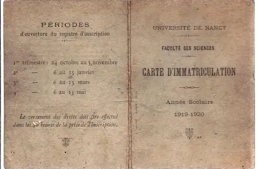 94702  Immatriculations karte an der Universität Nancy  aus 1900