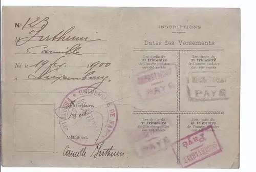 94702  Immatriculations karte an der Universität Nancy  aus 1900