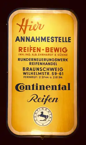 Großes Continental Emailleschild aus Braunschweig, Wilhelmstraße, original 1950er, 60 x 105 x 2 cm, Unikat, hervorragender Erhaltungszustand