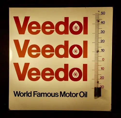VEEDOL Emailleschild mit Thermometerskala, Original 1970er, 68 x 68 x 1,6 cm
