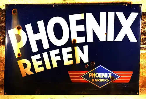 Großes PHOENIX REIFEN Emailleschild, querformatiges Original aus den 1950er / 1960er Jahren, 120 x 80 cm 