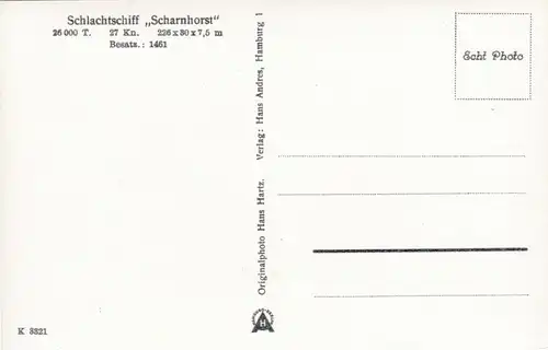 [Ansichtskarte] Echtfotokarte Schlachtschiff "Scharnhorst". 