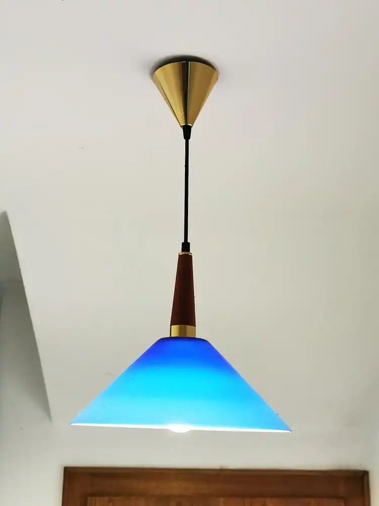 Vintage-Hängeleuchte aus Messing und Holz von 1970er Jahre 1