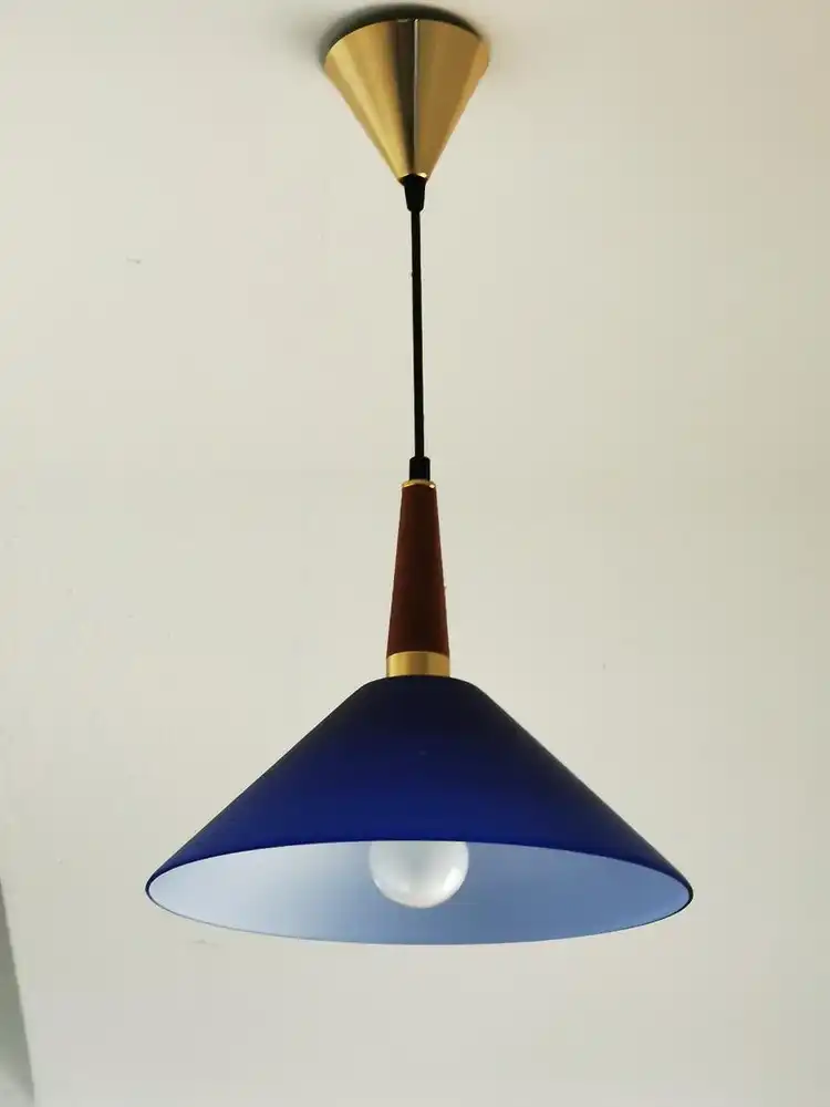 Vintage-Hängeleuchte aus Messing und Holz von 1970er Jahre 2